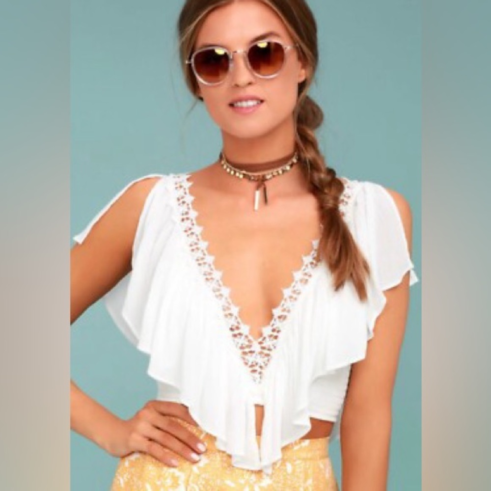 Lulu's White Ruffle Lace Blouse